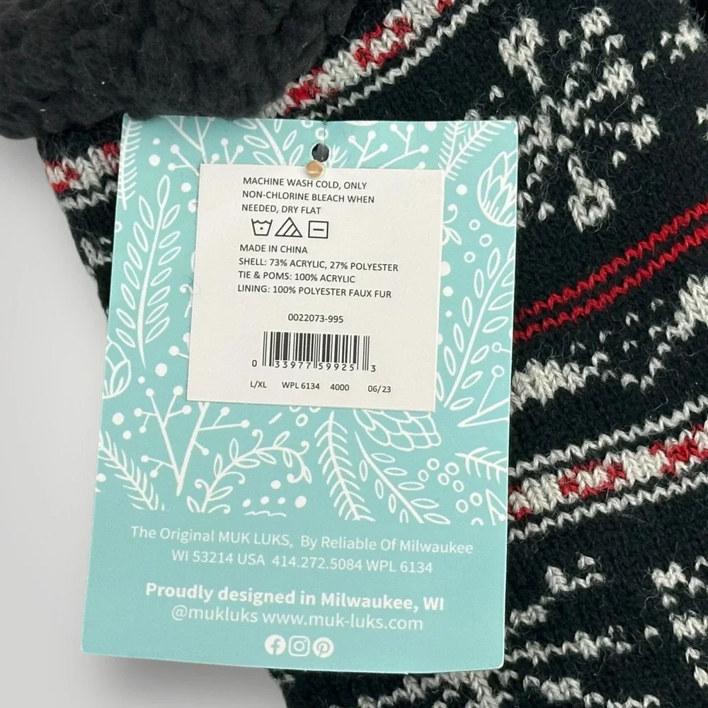 NEW Muk Luks Cabin Socks Womens L XL Black Fair Isle Faux Fur Slipper Gripper